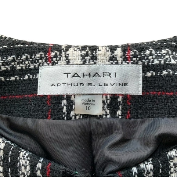 Tahari ASL Levine Plaid Check Fringe Velvet Trim Long Jacket Black White Size 10 - Picture 8 of 9